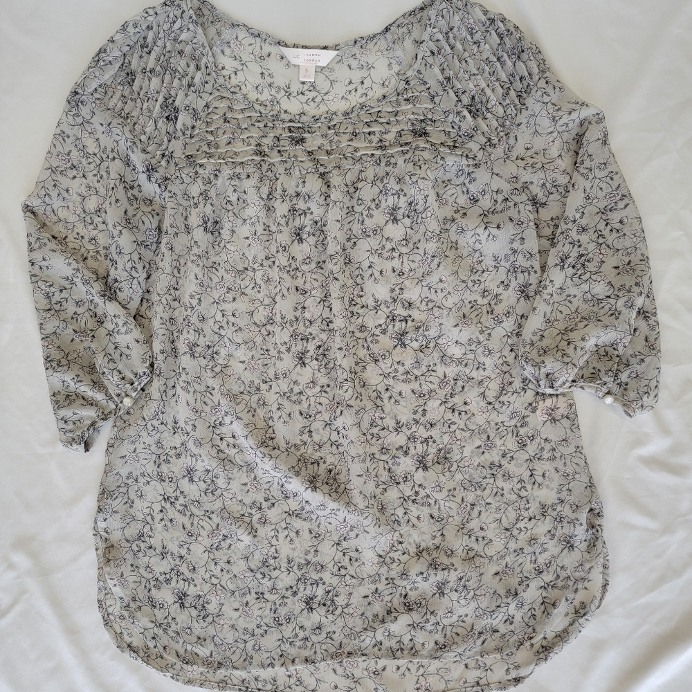 LC Lauren Conrad  Sheer Floral Peasant Blouse, Grey, 3/4 Sleeve, Size Small